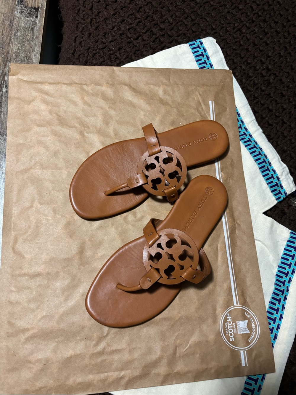 Tory Burch Tan Leather Logo Thong Sandals